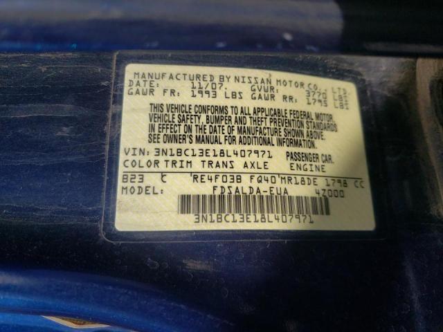 3N1BC13E18L407971 - 2008 NISSAN VERSA S BLUE photo 10