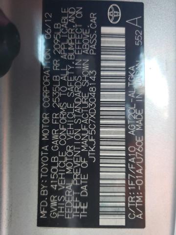 JTKJF5C7XD3048143 - 2013 TOYOTA SCION TC 银色 照片 10