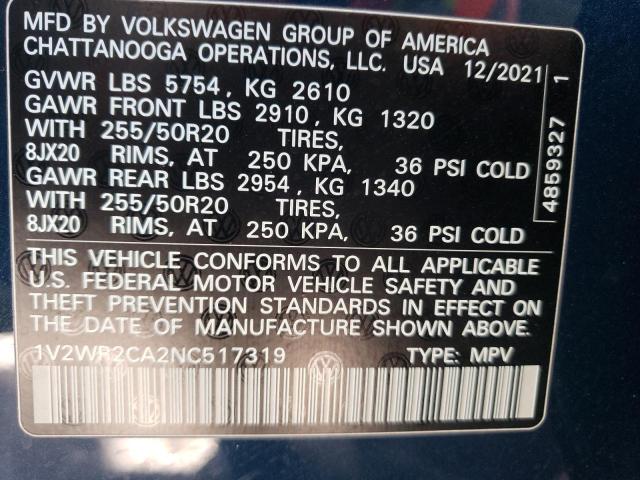 1V2WR2CA2NC517319 - 2022 VOLKSWAGEN ATLAS SE BLUE photo 10