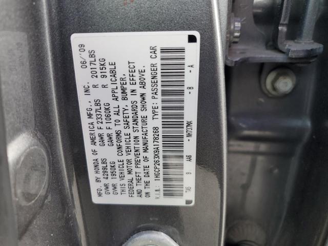 1HGCP263X9A178268 - 2009 HONDA ACCORD LX SILVER photo 10