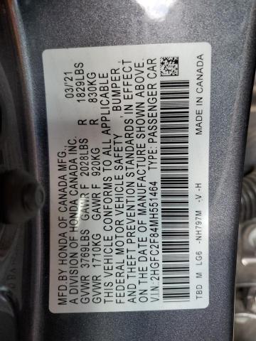 2HGFC2F84MH551464 - 2021 HONDA CIVIC SPOR GRAY photo 10