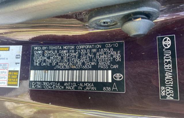 JTKDE3B74A0316834 - 2010 TOYOTA SCION TC მუქწითელი ფოტო 10