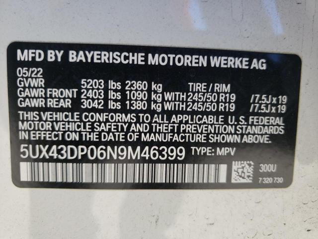 5UX43DP06N9M46399 - 2022 BMW X3 SDRIVE3 WHITE photo 10