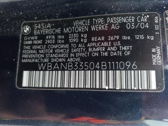 WBANB33504B111096 - 2004 BMW 545 I BLUE photo 10