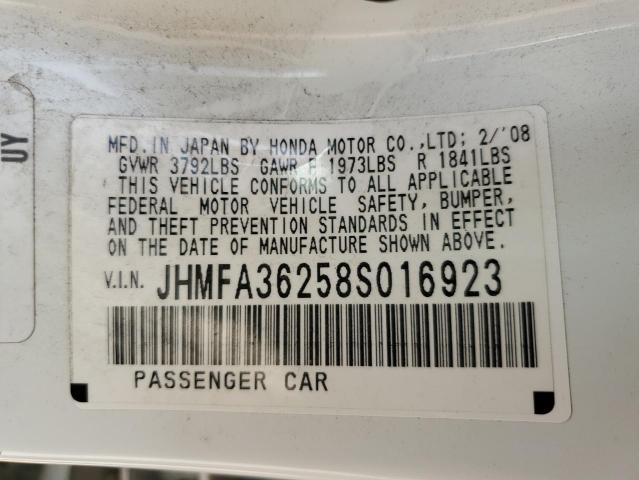 JHMFA36258S016923 - 2008 HONDA CIVIC HYBR WHITE photo 10