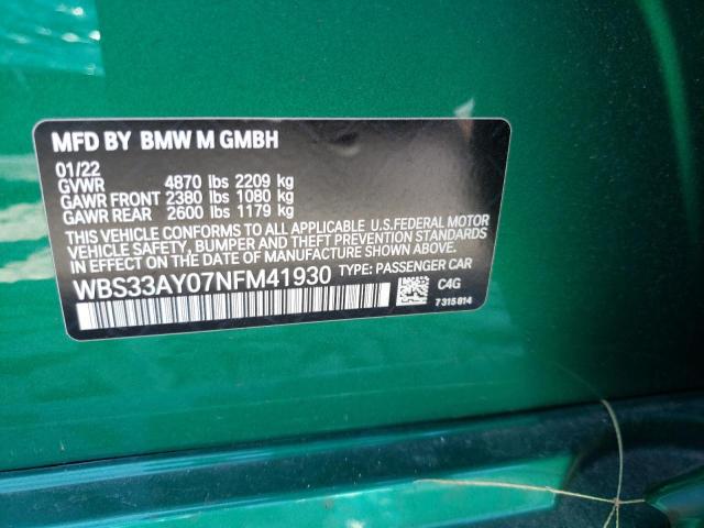 WBS33AY07NFM41930 - 2022 BMW M3 COMPETI GREEN photo 10