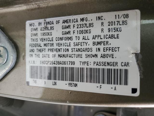 1HGCP26439A061799 - 2009 HONDA ACCORD LXP GOLD photo 10