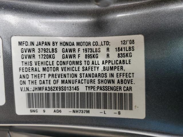 JHMFA362X9S013145 - 2009 HONDA CIVIC HYBR CHARCOAL photo 10