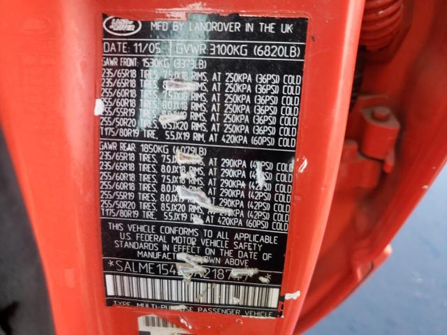 SALME15426A218747 - 2006 LAND ROVER RANGE ROVE RED photo 10