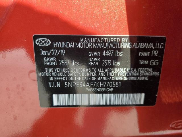 5NPE34AF7KH770581 - 2019 HYUNDAI SONATA LIM RED photo 10