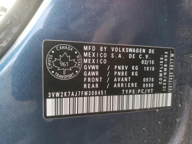 3VW2K7AJ7FM308451 - 2015 VOLKSWAGEN JETTA BASE BLUE photo 10