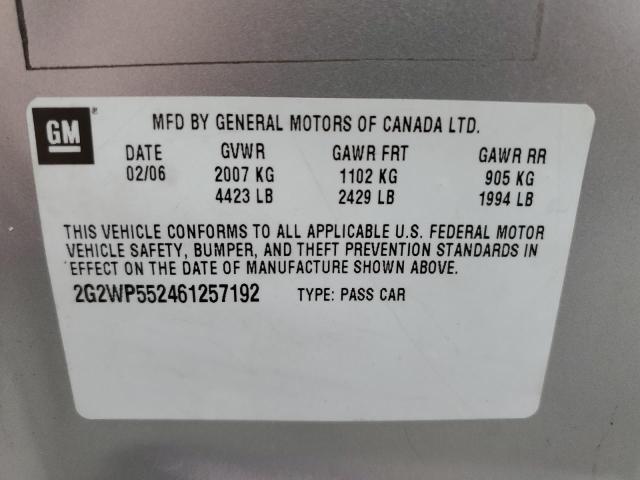 2G2WP552461257192 - 2006 PONTIAC GRAND PRIX Արծաթագույն լուսանկար 10