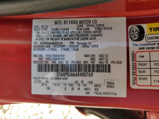3FAHP0JA6AR400769 - 2010 FORD FUSION SEL RED photo 10