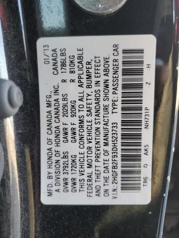 2HGFB2F93DH523733 - 2013 HONDA CIVIC EXL Czarny zdjęcie 10