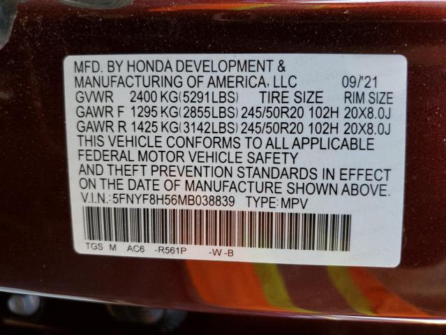 5FNYF8H56MB038839 - 2021 HONDA PASSPORT E 栗色 照片 10