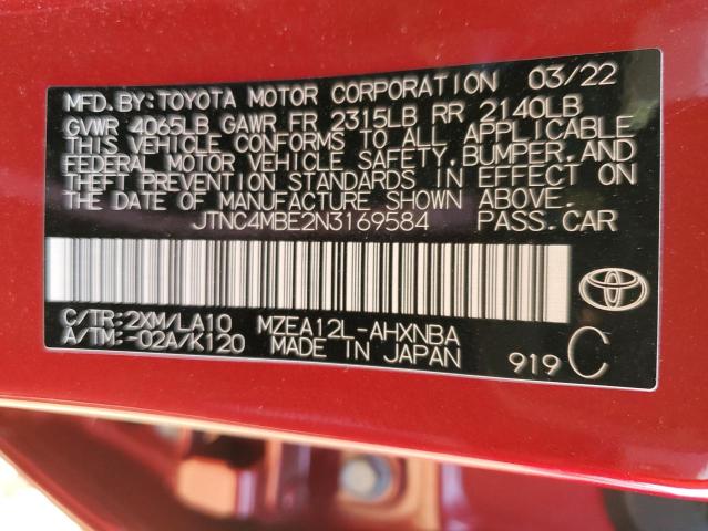 JTNC4MBE2N3169584 - 2022 TOYOTA COROLLA XS RED photo 10