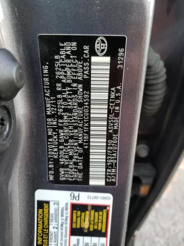 4T1BF1FK1CU034592 - 2012 TOYOTA CAMRY BASE GRAY photo 10