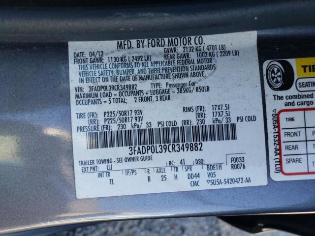 3FADP0L39CR349882 - 2012 FORD FUSION GRAY photo 10