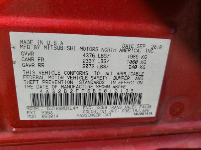 4A32B2FF6BE012196 - 2011 MITSUBISHI GALANT FE RED photo 10