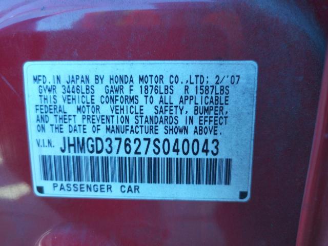 JHMGD37627S040043 - 2007 HONDA FIT S RED photo 10