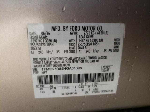 1FM5K7D84HGA01398 - 2017 FORD EXPLORER X BEIGE photo 10