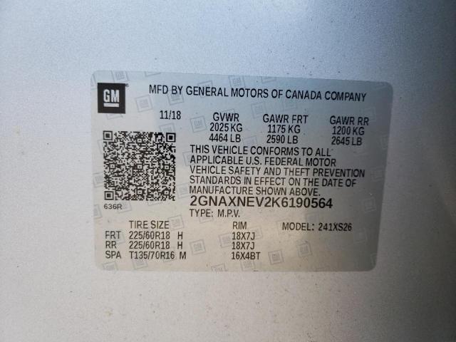 2GNAXNEV2K6190564 - 2019 CHEVROLET EQUINOX PR GRAY photo 10