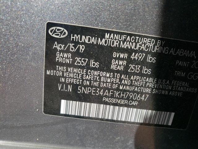 5NPE34AF1KH790647 - 2019 HYUNDAI SONATA LIM GRAY photo 10