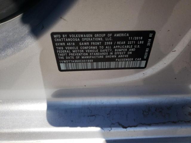 1VWDT7A35HC031889 - 2017 VOLKSWAGEN PASSAT R-L SILVER photo 10