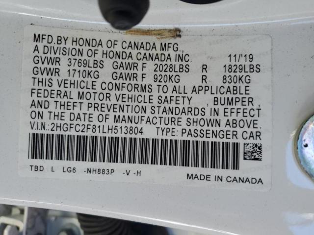 2HGFC2F81LH513804 - 2020 HONDA CIVIC SPOR WHITE photo 10