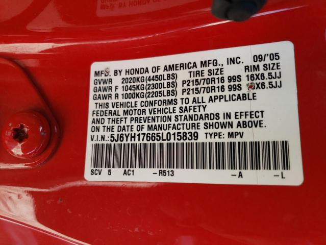 5J6YH17665L015839 - 2005 HONDA ELEMENT EX RED photo 10