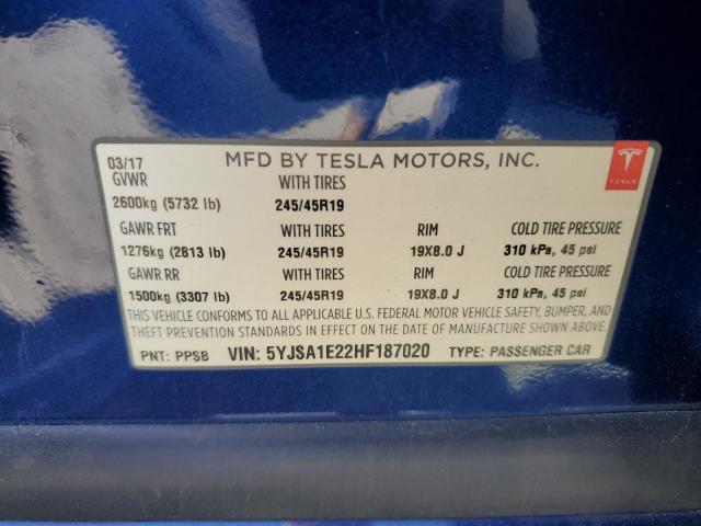 5YJSA1E22HF187020 - 2017 TESLA MODEL S Mavi foto 10