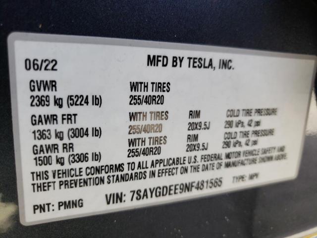 7SAYGDEE9NF481565 - 2022 TESLA MODEL Y GRAY photo 10