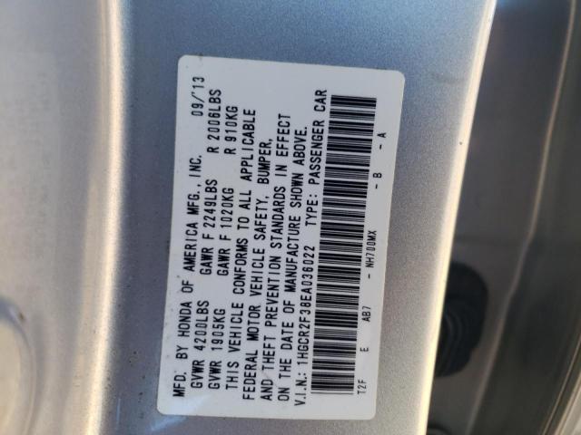 1HGCR2F38EA036022 - 2014 HONDA ACCORD LX SILVER photo 10