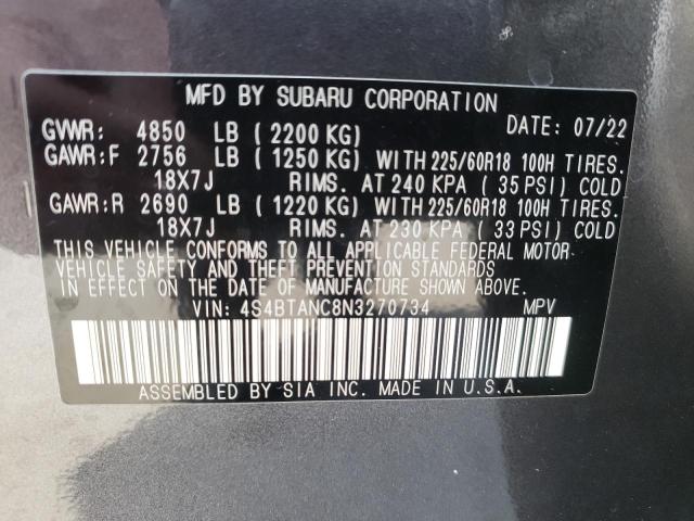 4S4BTANC8N3270734 - 2022 SUBARU OUTBACK LI GRAY photo 10