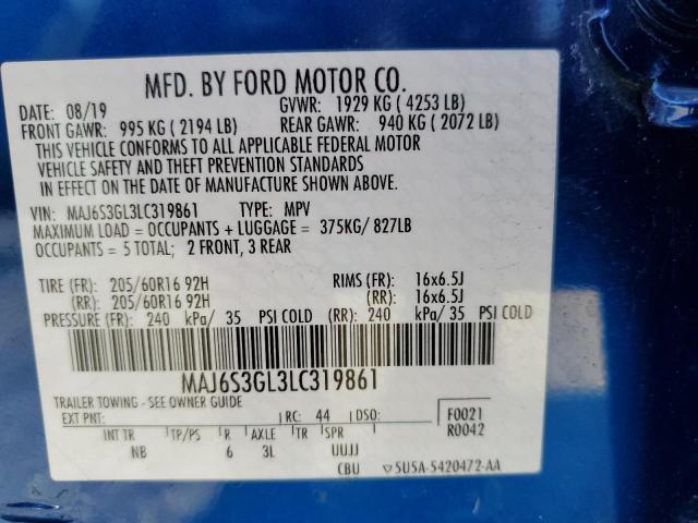 MAJ6S3GL3LC319861 - 2020 FORD ECOSPORT S BLUE photo 10