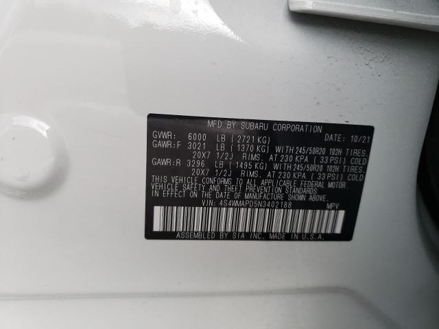 4S4WMAPD5N3402188 - 2022 SUBARU ASCENT LIM WHITE photo 10