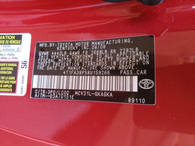 4T1FA38P58U159266 - 2008 TOYOTA CAMRY SOLA RED photo 10