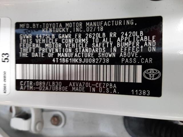 4T1B61HK9JU082738 - 2018 TOYOTA CAMRY XSE WHITE photo 10