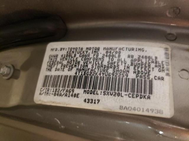 4T1BG22K4YU692259 - 2000 TOYOTA CAMRY CE TAN photo 10