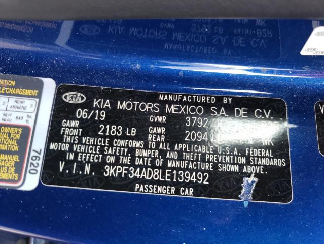 3KPF34AD8LE139492 - 2020 KIA FORTE GT L BLUE photo 10