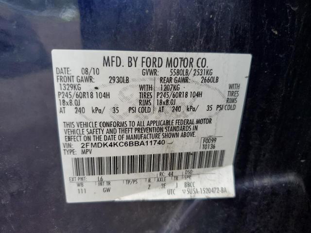 2FMDK4KC6BBA11740 - 2011 FORD EDGE LIMIT BLUE photo 10