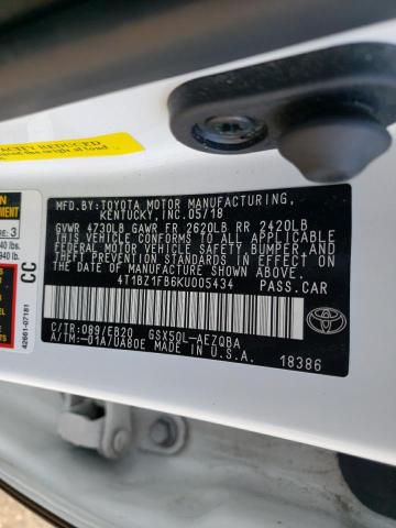 4T1BZ1FB6KU005434 - 2019 TOYOTA AVALON XLE WHITE photo 10