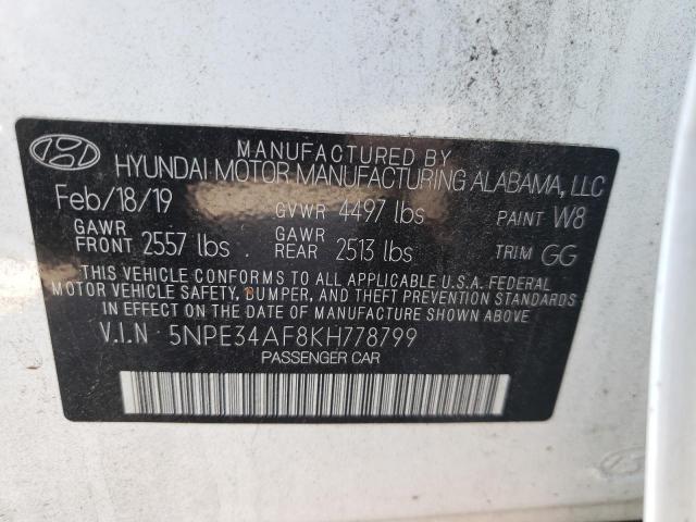 5NPE34AF8KH778799 - 2019 HYUNDAI SONATA LIM WHITE photo 10