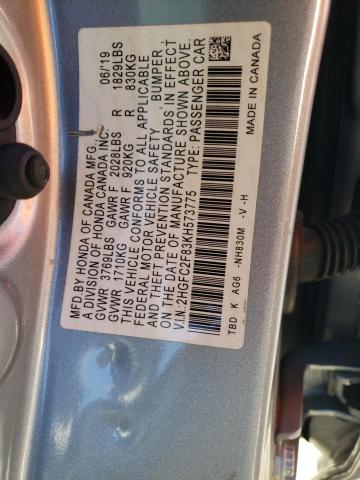 2HGFC2F83KH573775 - 2019 HONDA CIVIC SPOR SILVER photo 10