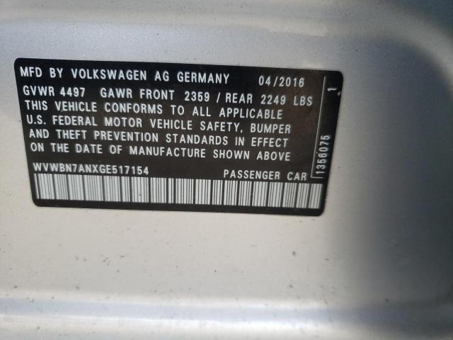 WVWBN7ANXGE517154 - 2016 VOLKSWAGEN CC BASE SILVER photo 10