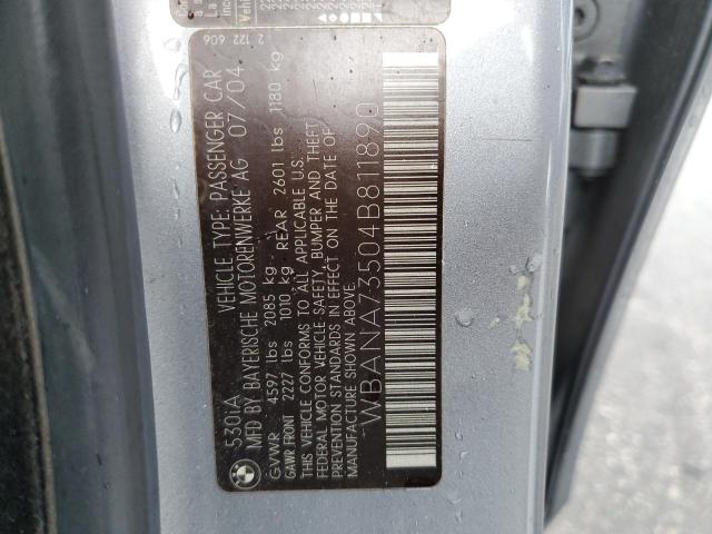 WBANA73504B811890 - 2004 BMW 530I ვერცხლისფერი ფოტო 10
