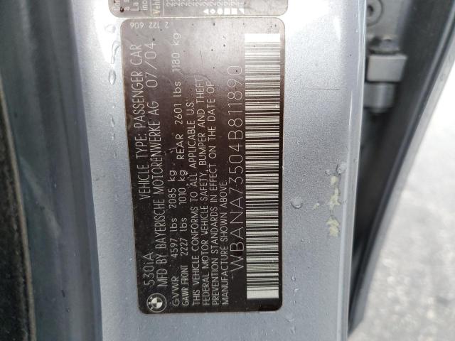 WBANA73504B811890 - 2004 BMW 530I SILVER photo 10