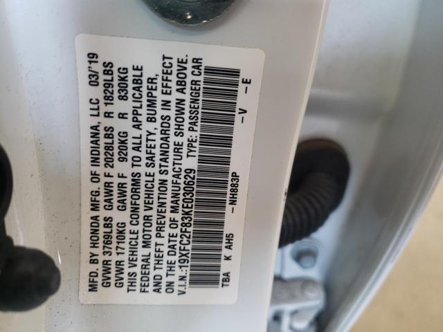 19XFC2F83KE030629 - 2019 HONDA CIVIC SPOR WHITE photo 10