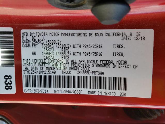 3TMCZ5AN1KM215140 - 2019 TOYOTA TACOMA DOUBLE CAB  照片 10