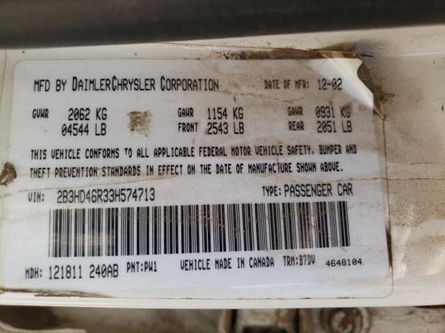 2B3HD46R33H574713 - 2003 DODGE INTREPID S WHITE photo 10